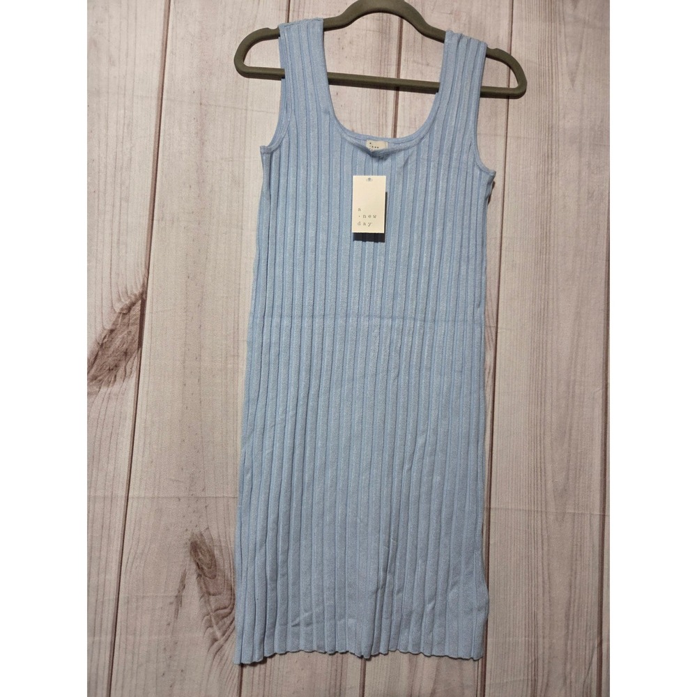 A New‎ Day Womens Ribbed Knit Tank Dress Light Blue Shimmer Midi Large NWT